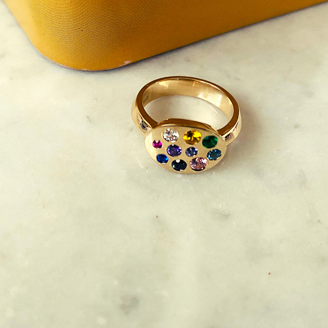 Sterling Silver 925 Yellow Gold Plated Oval Shape Rainbow Signet Ring
